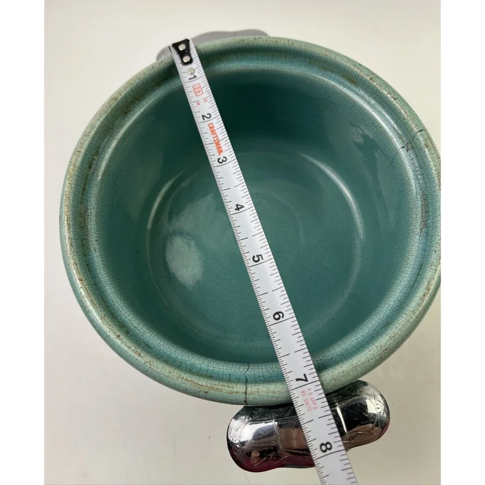 Vintage Faberware Turquoise Ceramic Covered Casserole Dish W/Metal Holder Below:
